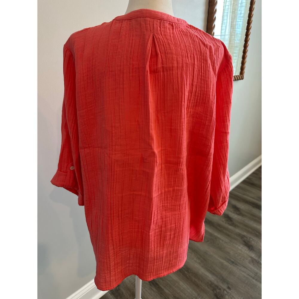 Soft Surroundings XL Coral Gauze Tunic Top Roll Tab Sleeves Boho Coastal Casual - Picture 4 of 8